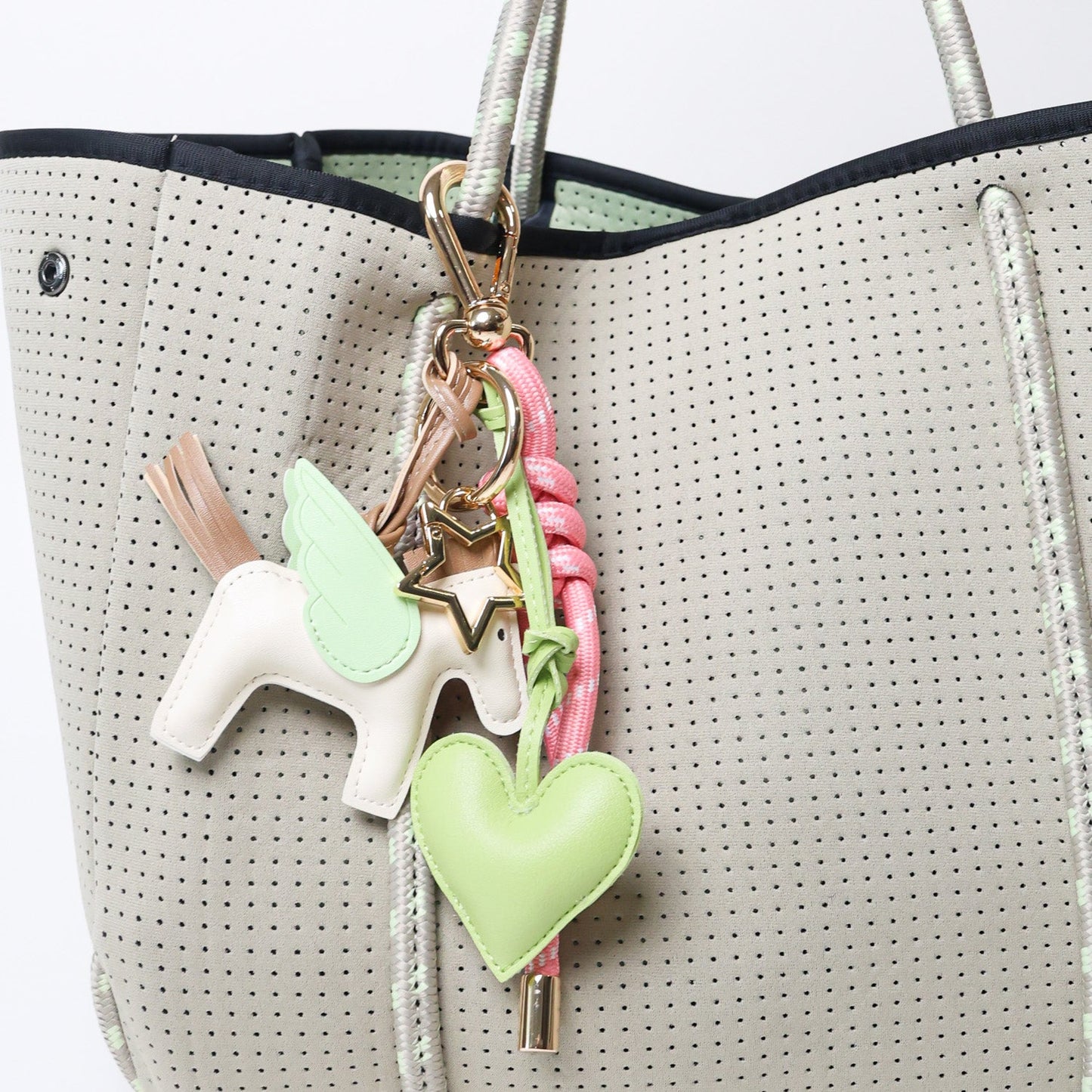 KEY CHAIN BARBIE WITH CHARMS - GREEN HEART AND WHITE FLYING HORSE
