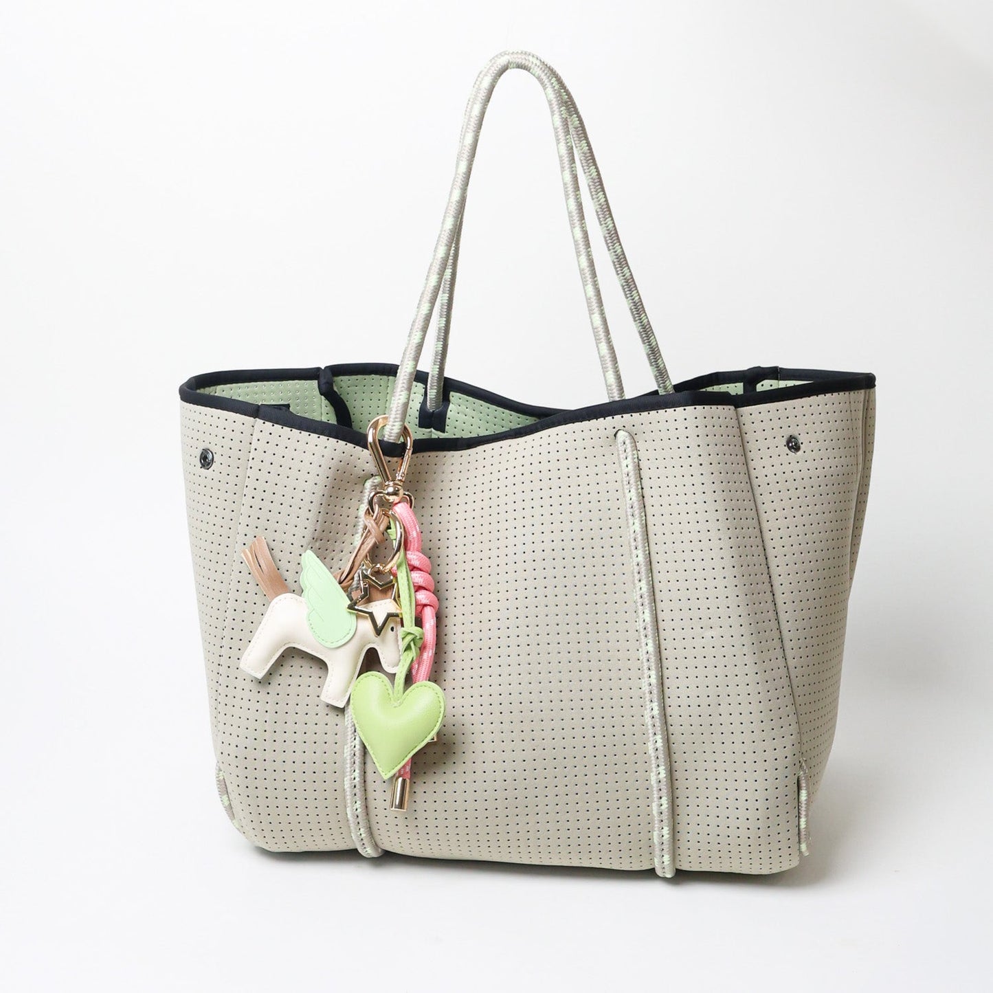 KEY CHAIN BARBIE WITH CHARMS - GREEN HEART AND WHITE FLYING HORSE