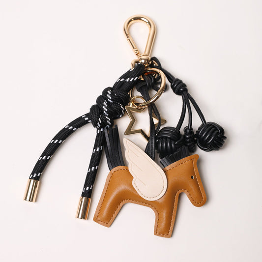 KEY CHAIN BLACK WITH CHARMS - BLACK CHERRIES AND BROWN FLYING HORSE