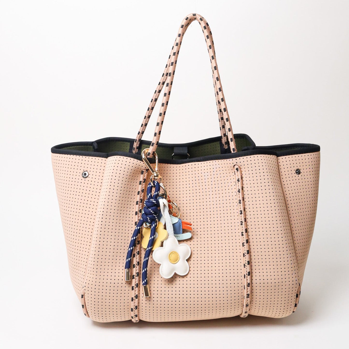 KEY CHAIN DEEP BLUE WITH CHARMS - YELLOW DAISIES AND BLUE ROCKING HORSE