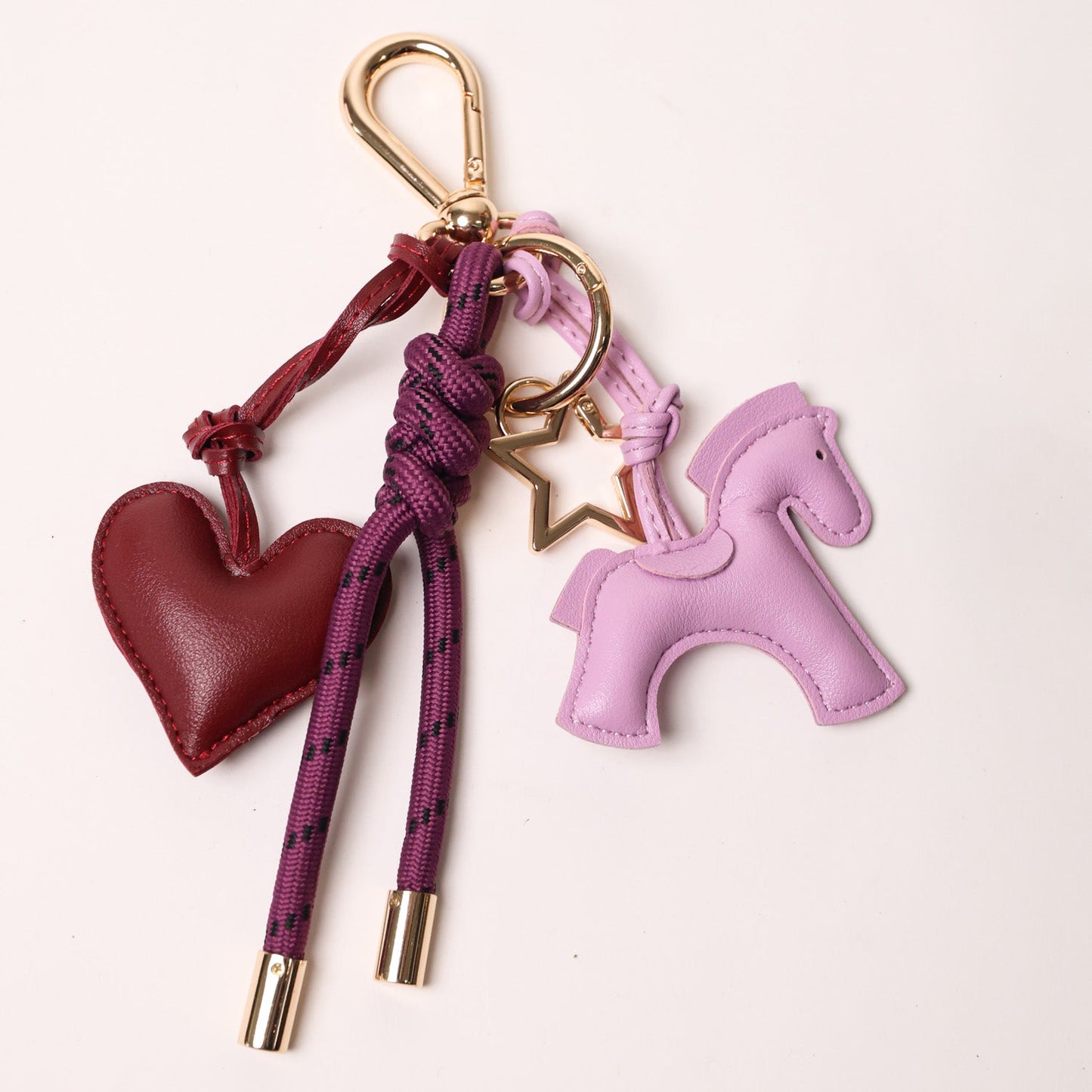 KEY CHAIN EGGPLANT WITH CHARMS - BURGUNDY HEART AND LAVANDER HORSE