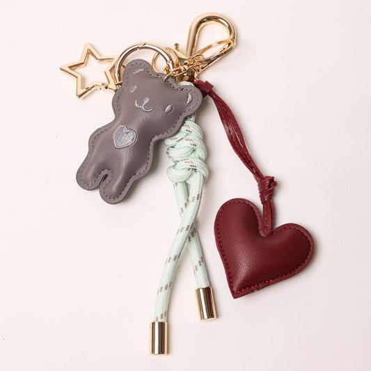 KEY CHAIN MINTY GREEN WITH CHARMS - GREY TEDDY AND BURGUNDY HEART