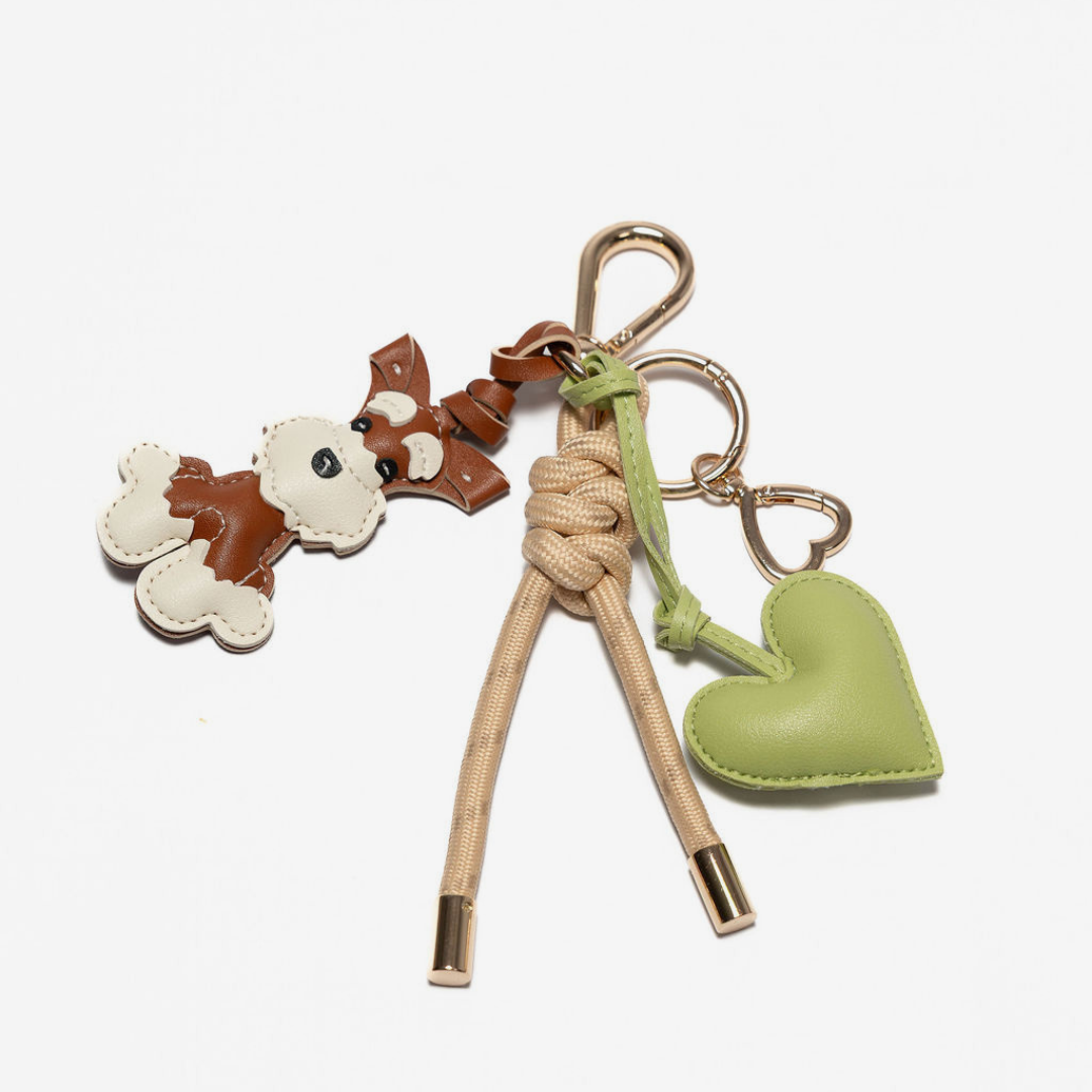 KEY CHAIN TAN WITH CHARMS - BROWN SCHNAUZER AND GREEN HEART