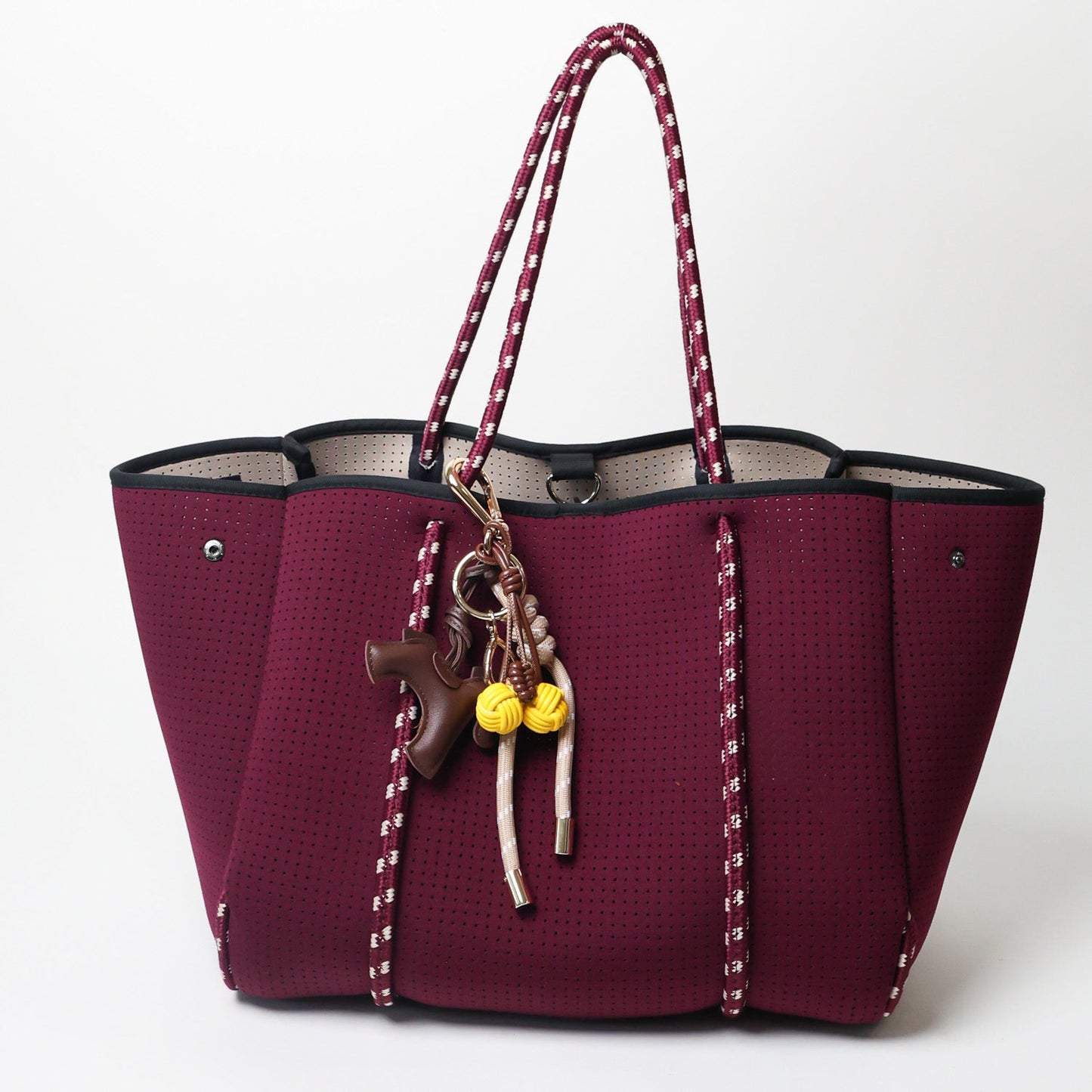 KEY CHAIN TAUPE WITH CHARMS - ESPRESSO HORSE AND YELLOW CHERRIES