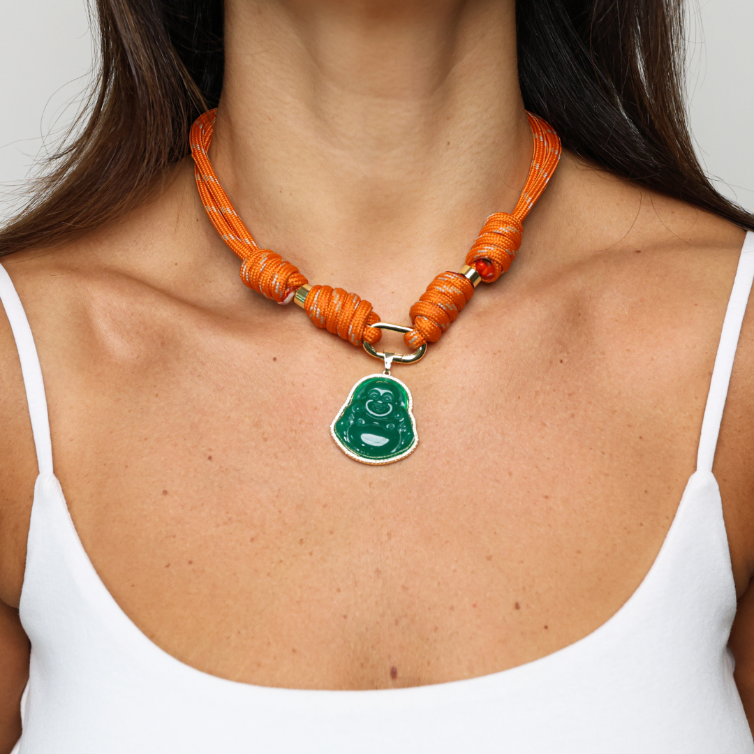 POP UPS X HANNAH B BOAT ROPE BURNT ORANGE NECKLACE WITH GREEN BUDDHA