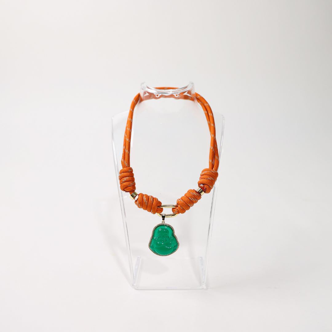 POP UPS X HANNAH B BOAT ROPE BURNT ORANGE NECKLACE WITH GREEN BUDDHA