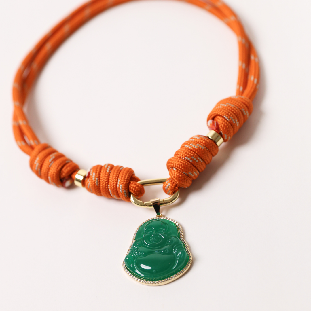 POP UPS X HANNAH B BOAT ROPE BURNT ORANGE NECKLACE WITH GREEN BUDDHA