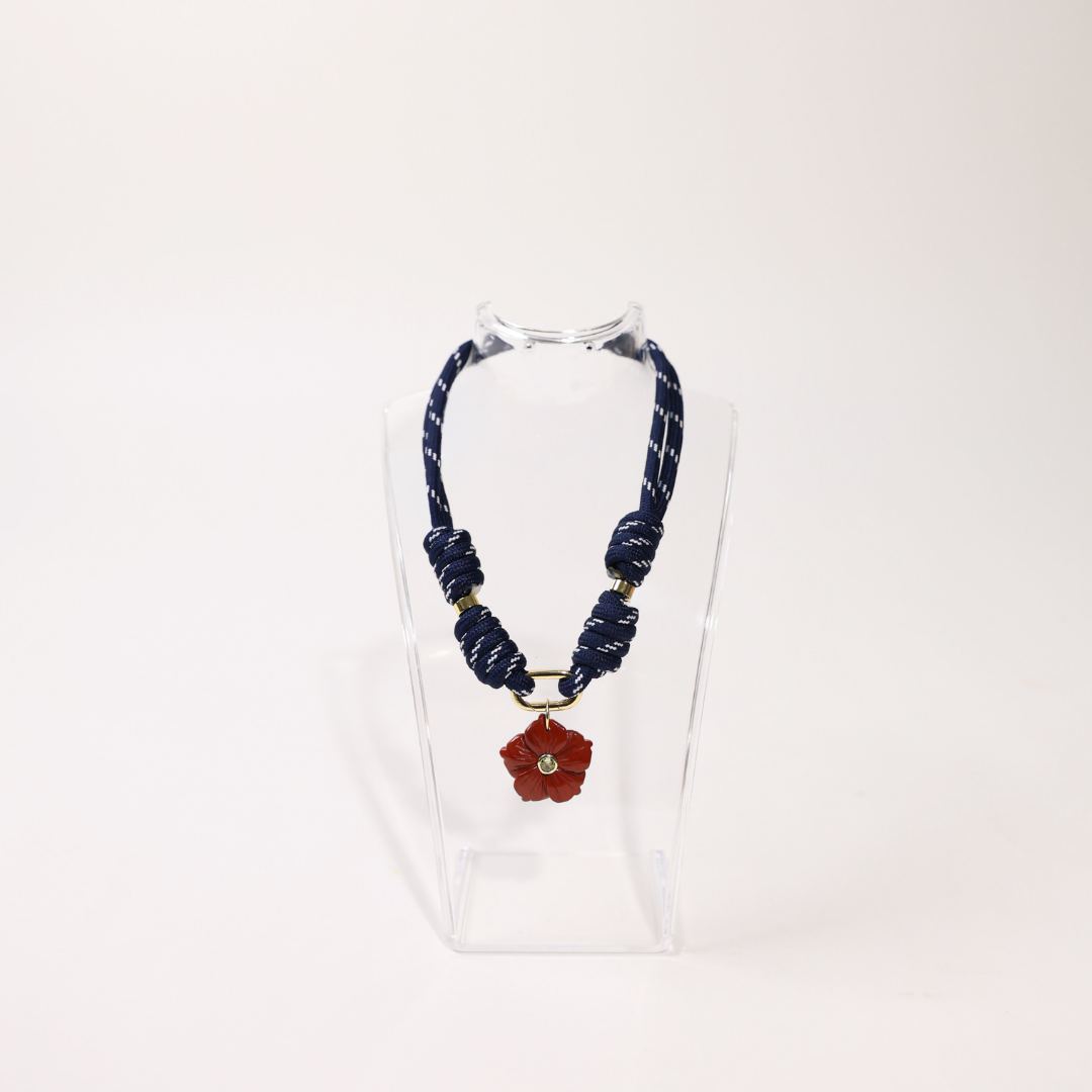 POP UPS X HANNAH B BOAT ROPE DEEP BLUE NECKLACE WITH RED HIBISCUS