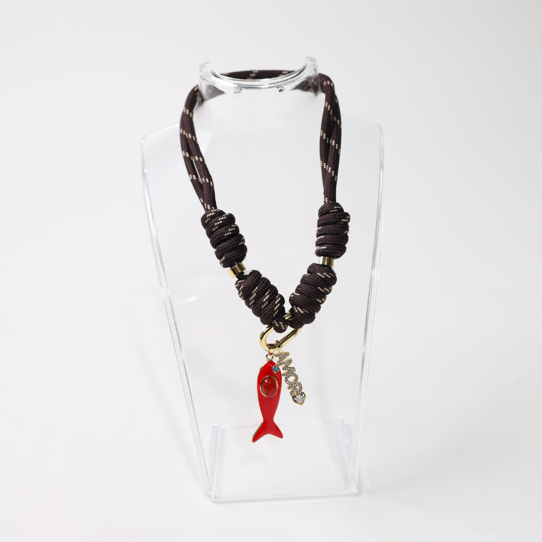 POP UPS X HANNAH B BOAT ROPE ESPRESSO NECKLACE WITH RED ENAMEL FISH & AMORE