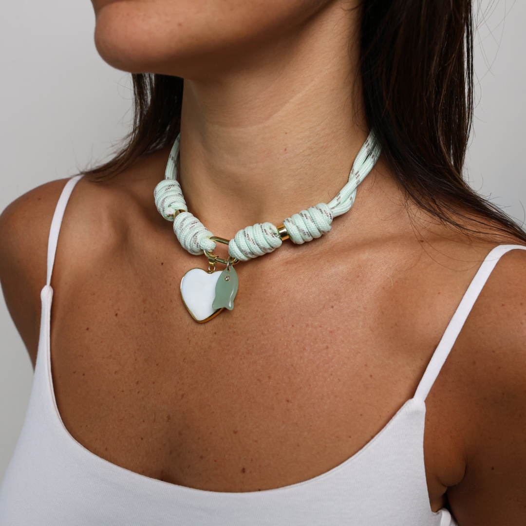 POP UPS X HANNAH B BOAT ROPE MINTY GREEN NECKLACE WITH WHITE HEART & GREEN FISH