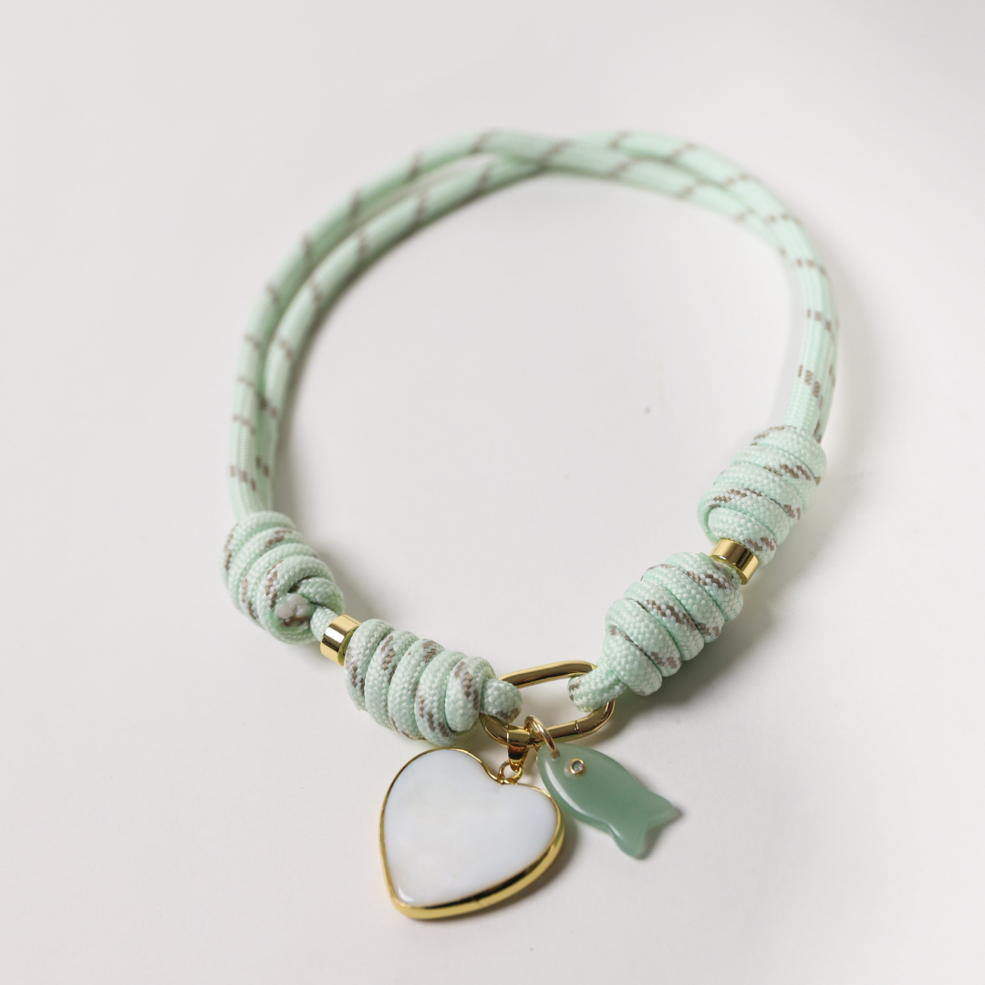 POP UPS X HANNAH B BOAT ROPE MINTY GREEN NECKLACE WITH WHITE HEART & GREEN FISH