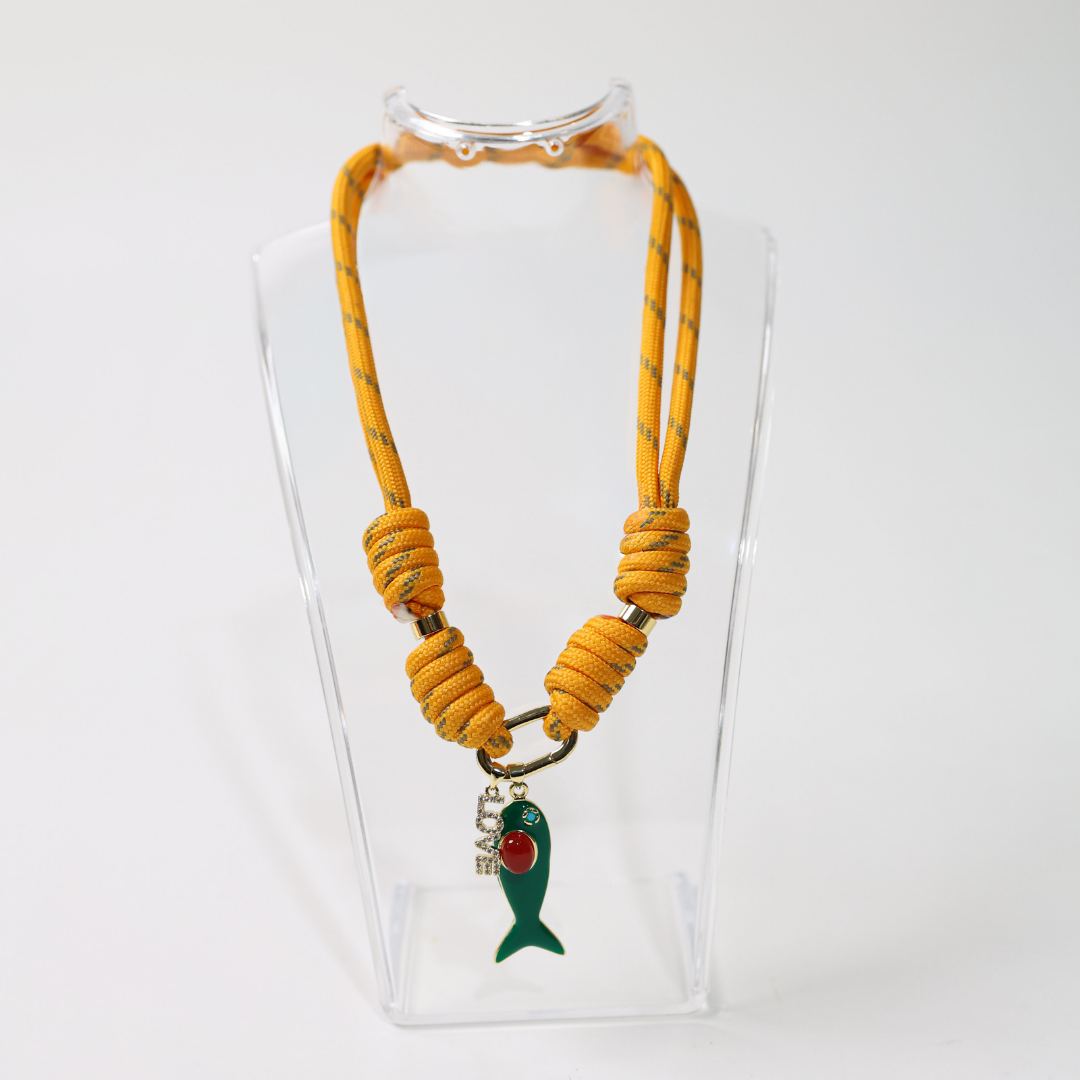 POP UPS X HANNAH B BOAT ROPE MUSTARD NECKLACE WITH GREEN ENAMEL FISH & LOVE