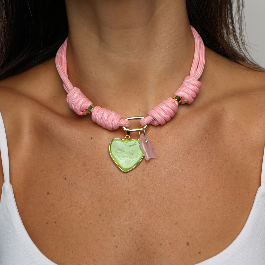 POP UPS X HANNAH B BOAT ROPE PRETTY IN PINK NECKLACE WITH GREEN HEART & PINK FISH