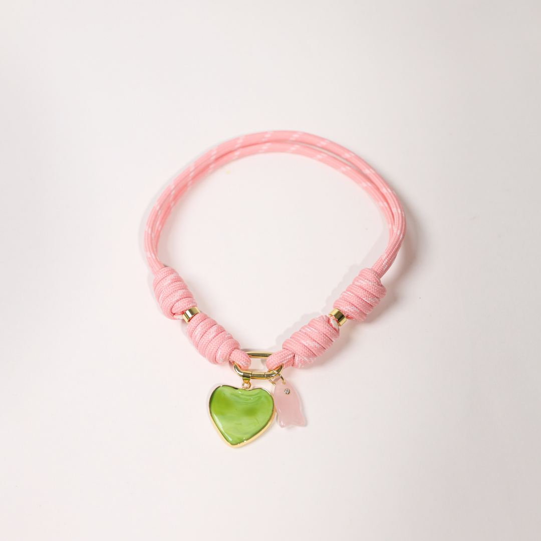 POP UPS X HANNAH B BOAT ROPE PRETTY IN PINK NECKLACE WITH GREEN HEART & PINK FISH