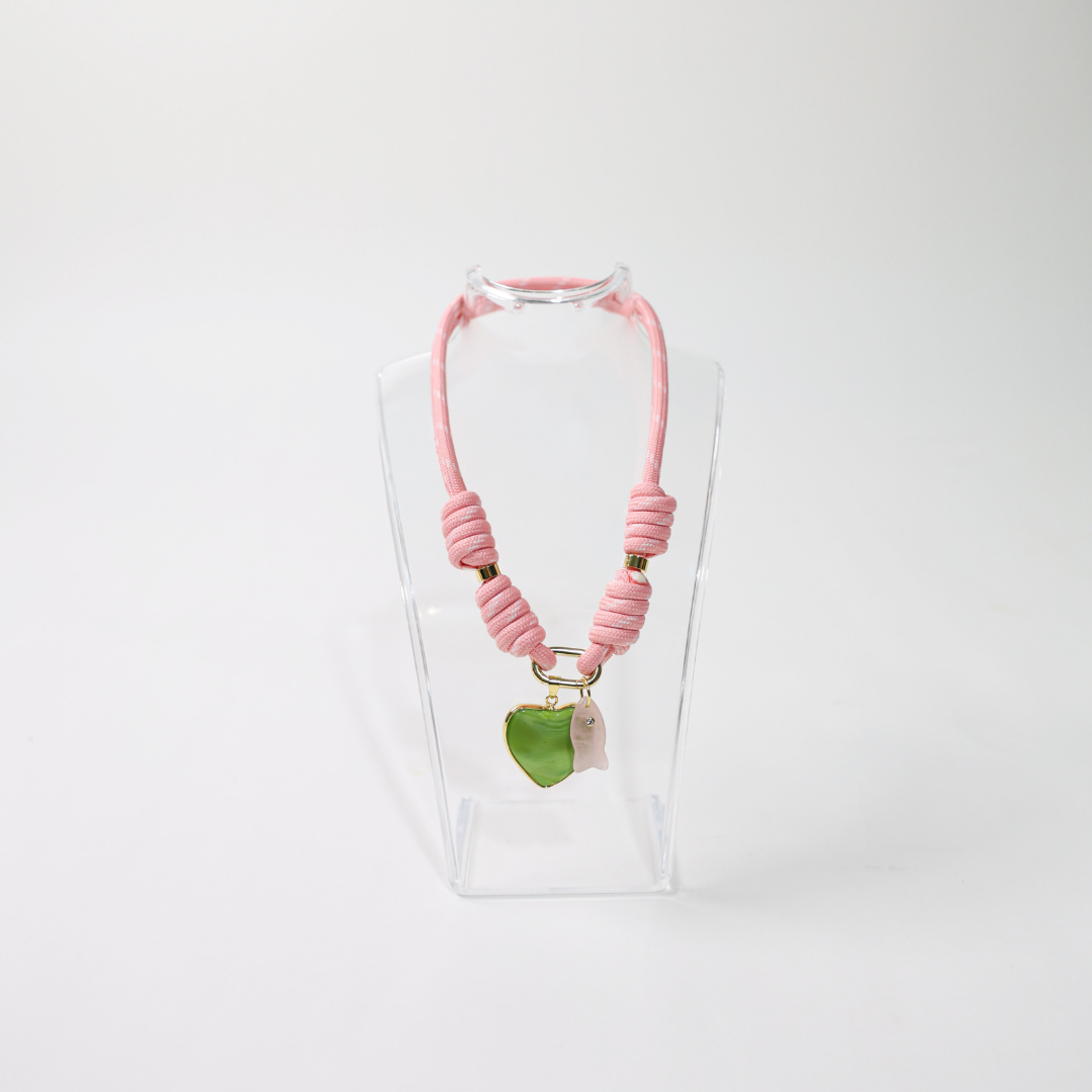 POP UPS X HANNAH B BOAT ROPE PRETTY IN PINK NECKLACE WITH GREEN HEART & PINK FISH