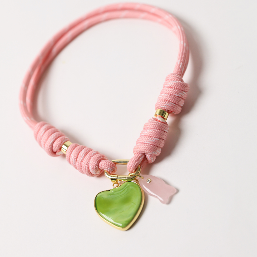 POP UPS X HANNAH B BOAT ROPE PRETTY IN PINK NECKLACE WITH GREEN HEART & PINK FISH