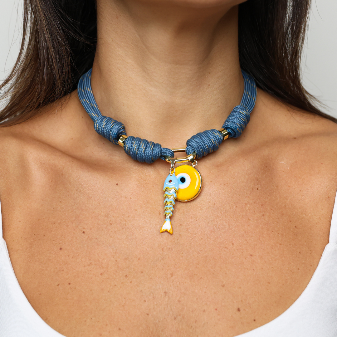 POP UPS X HANNAH B BOAT ROPE STORMY BLUE NECKLACE WITH YELLOW SARDINE & YELLOW EVIL EYE
