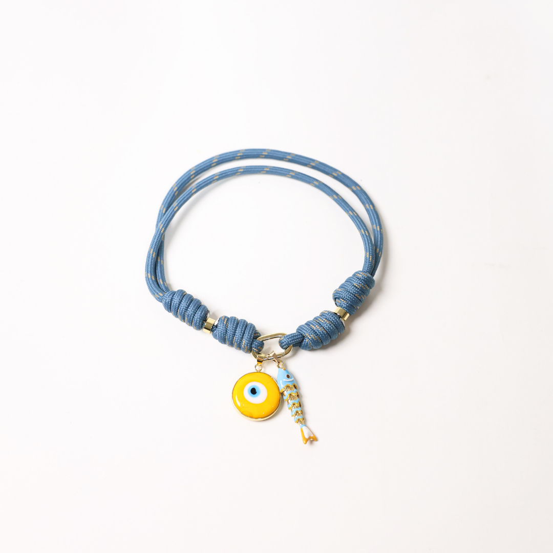 POP UPS X HANNAH B BOAT ROPE STORMY BLUE NECKLACE WITH YELLOW SARDINE & YELLOW EVIL EYE