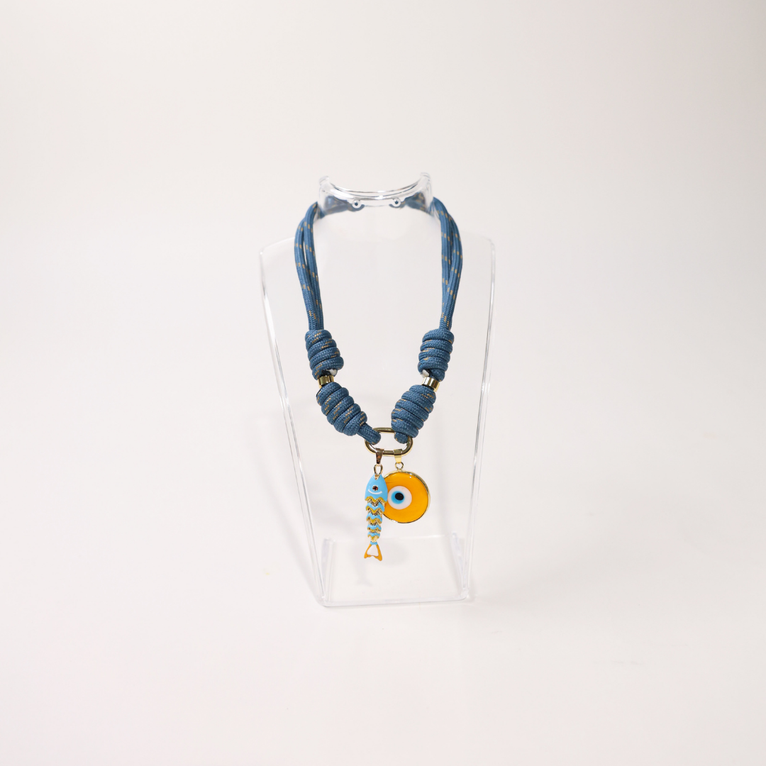 POP UPS X HANNAH B BOAT ROPE STORMY BLUE NECKLACE WITH YELLOW SARDINE & YELLOW EVIL EYE