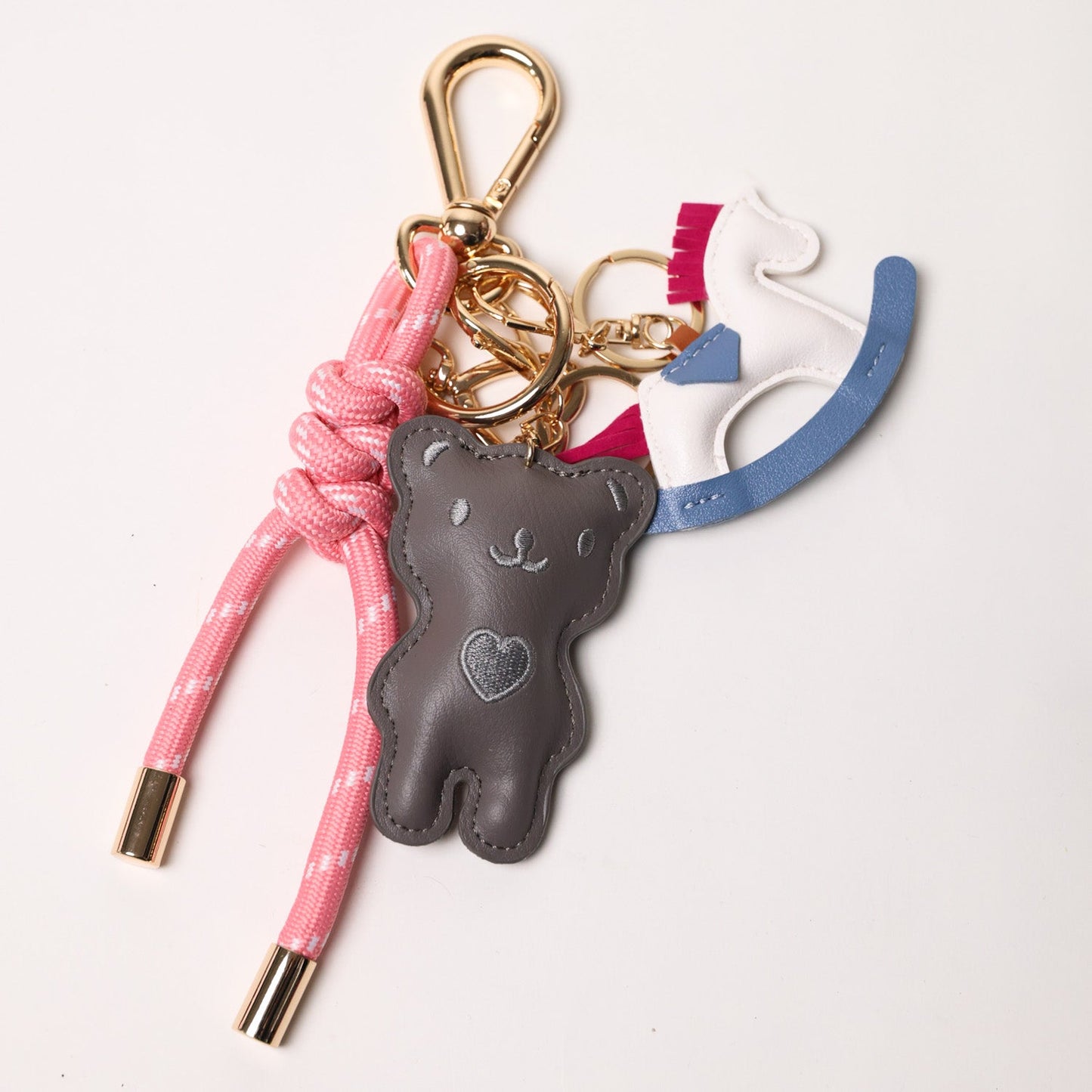 KEY CHAIN BARBIE WITH CHARMS - GREY TEDDY AND WHITE ROCKING HORSE