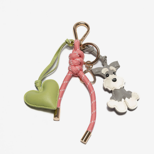 KEY CHAIN BARBIE WITH CHARMS - GREY SCHNAUZER AND GREEN HEART