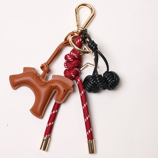 KEY CHAIN BURGUNDY WITH CHARMS - BROWN HORSE AND BLACK CHERRIES