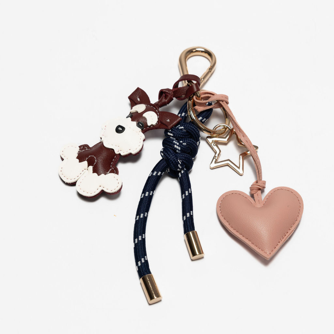 KEY CHAIN DEEP BLUE WITH CHARMS - ESPRESSO SCHNAUZER AND PINK HEART