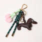 KEY CHAIN EMERALD WITH CHARMS - ESPRESSO DOG AND PINK HEART CHERRIES