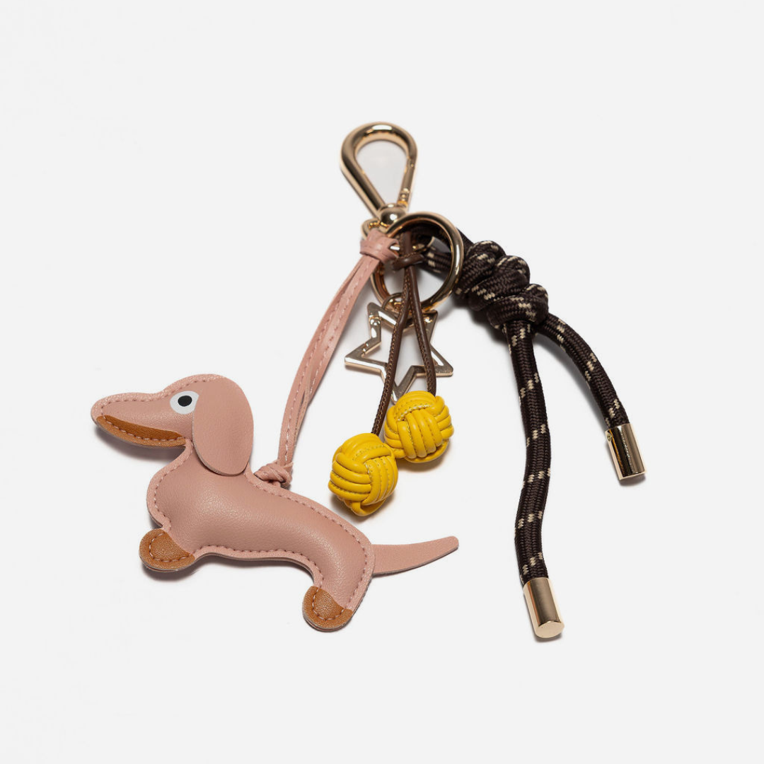 KEY CHAIN ESPRESSO WITH CHARMS - PINK DOG AND YELLOW CHERRIES