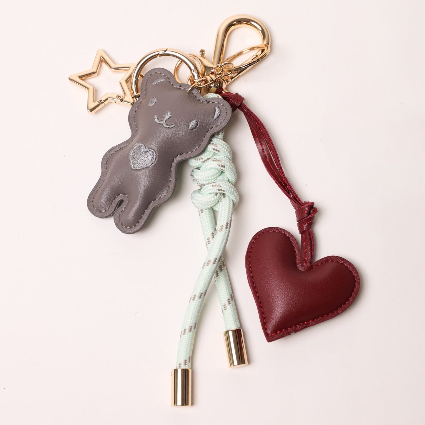 KEY CHAIN MINTY GREEN WITH CHARMS - GREY TEDDY AND BURGUNDY HEART