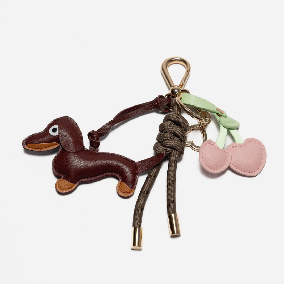 KEY CHAIN MOCHA WITH CHARMS - ESPRESSO DOG AND PINK HEART CHERRIES