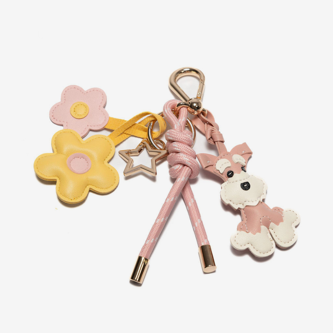 KEY CHAIN PRETTY PINK WITH CHARMS - PINK SCHNAUZER AND YELLOW/PINK DAISIES