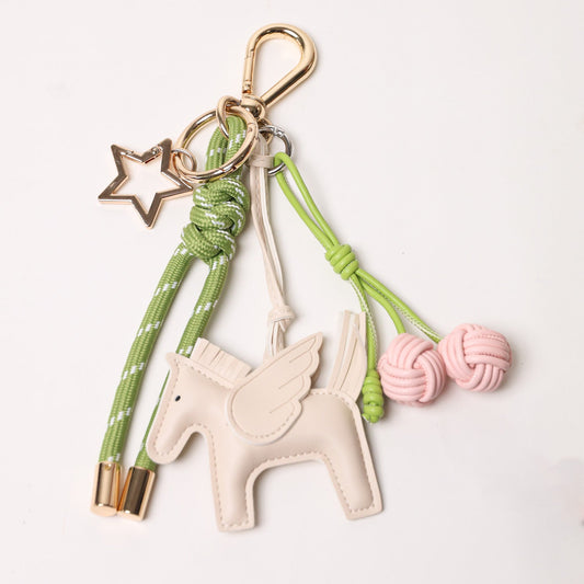 KEY CHAIN SAFARI GREEN WITH CHARMS - WHITE FLYING HORSE AND PINK CHERRIES