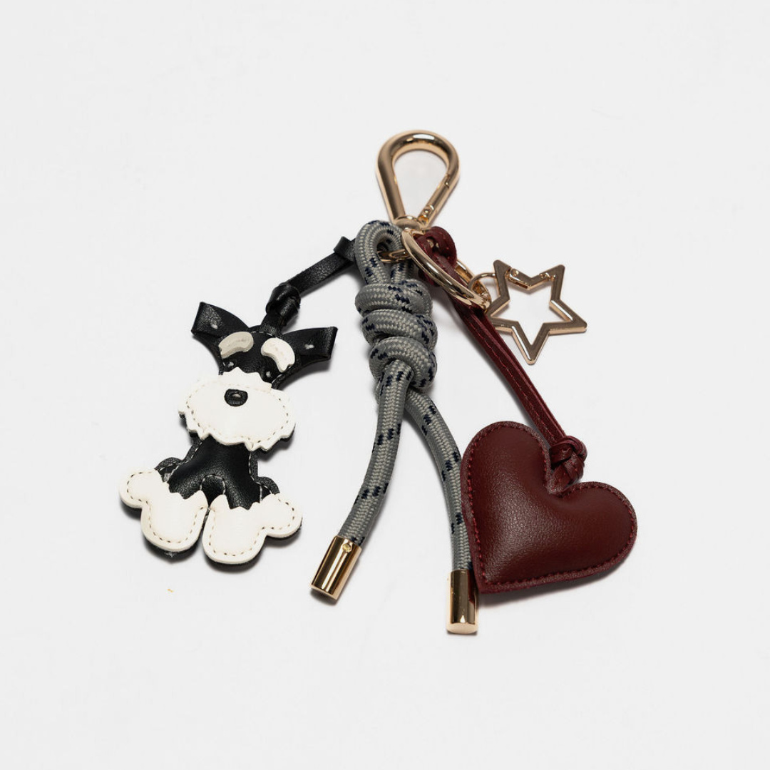 KEY CHAIN STONE GREY WITH CHARMS - BLACK SCHNAUZER AND BURGUNDY HEART
