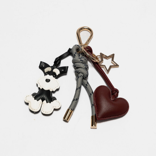 KEY CHAIN STONE GREY WITH CHARMS - BLACK SCHNAUZER AND BURGUNDY HEART