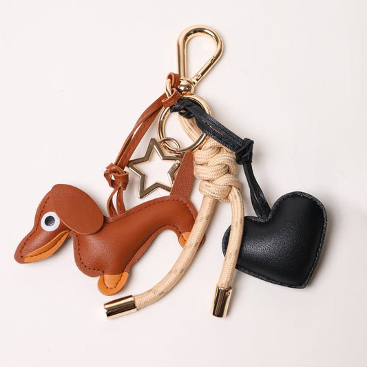 KEY CHAIN TAN WITH CHARMS - BLACK HEART AND BROWN DOG