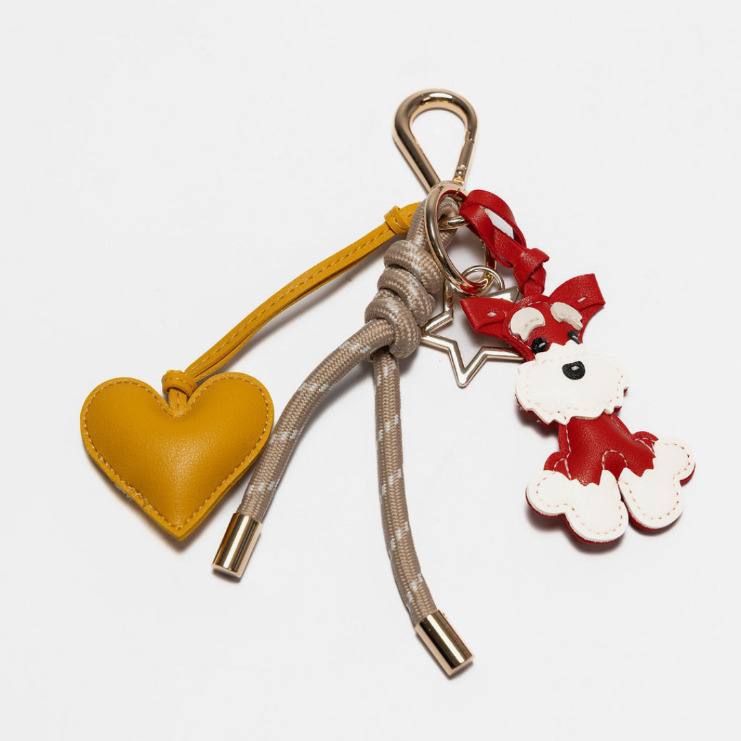 KEY CHAIN TAUPE WITH CHARMS - RED SCHNAUZER AND YELLOW HEART