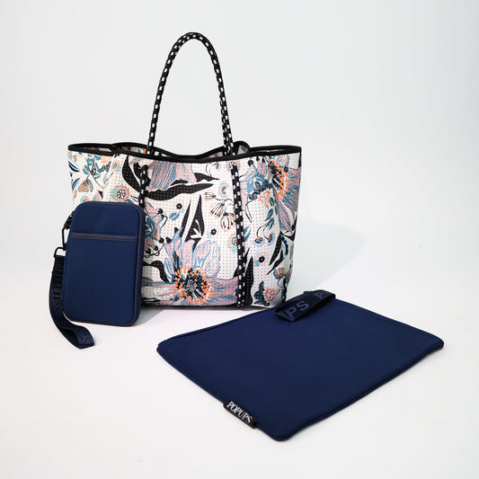 BLOSSOM WHITE SET: EVERYDAY TOTE + OVERSIZED WRISTLET POUCH + PASSPORT WALLET