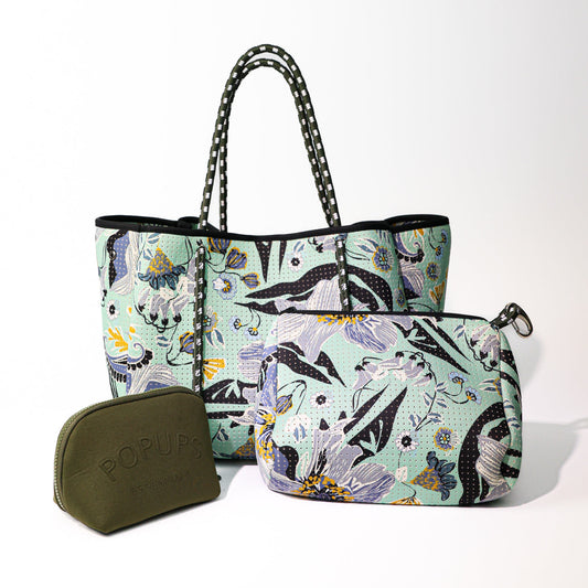 BLOSSOM MINT SET: EVERYDAY TOTE + POUCH + MINI EMBOSSED