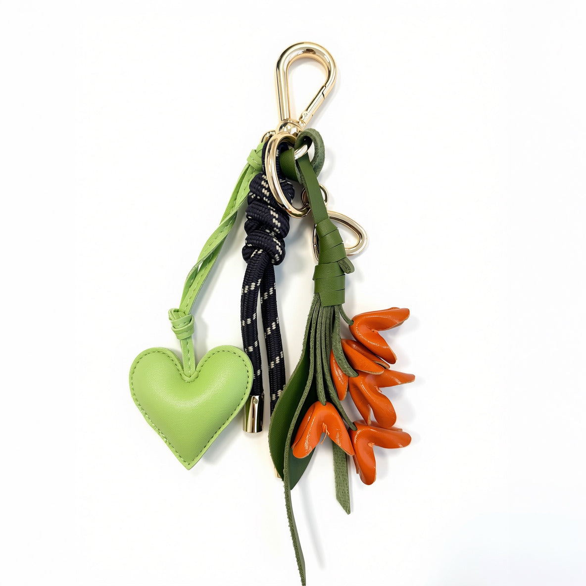 KEY CHAIN BLACK WITH CHARMS - GREEN HEART AND ORANGE TULIP