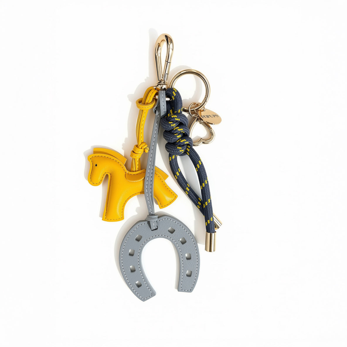 KEY CHAIN GRAPHITE WITH CHARMS - YELLOW HORSE AND GREY HORSESHOE