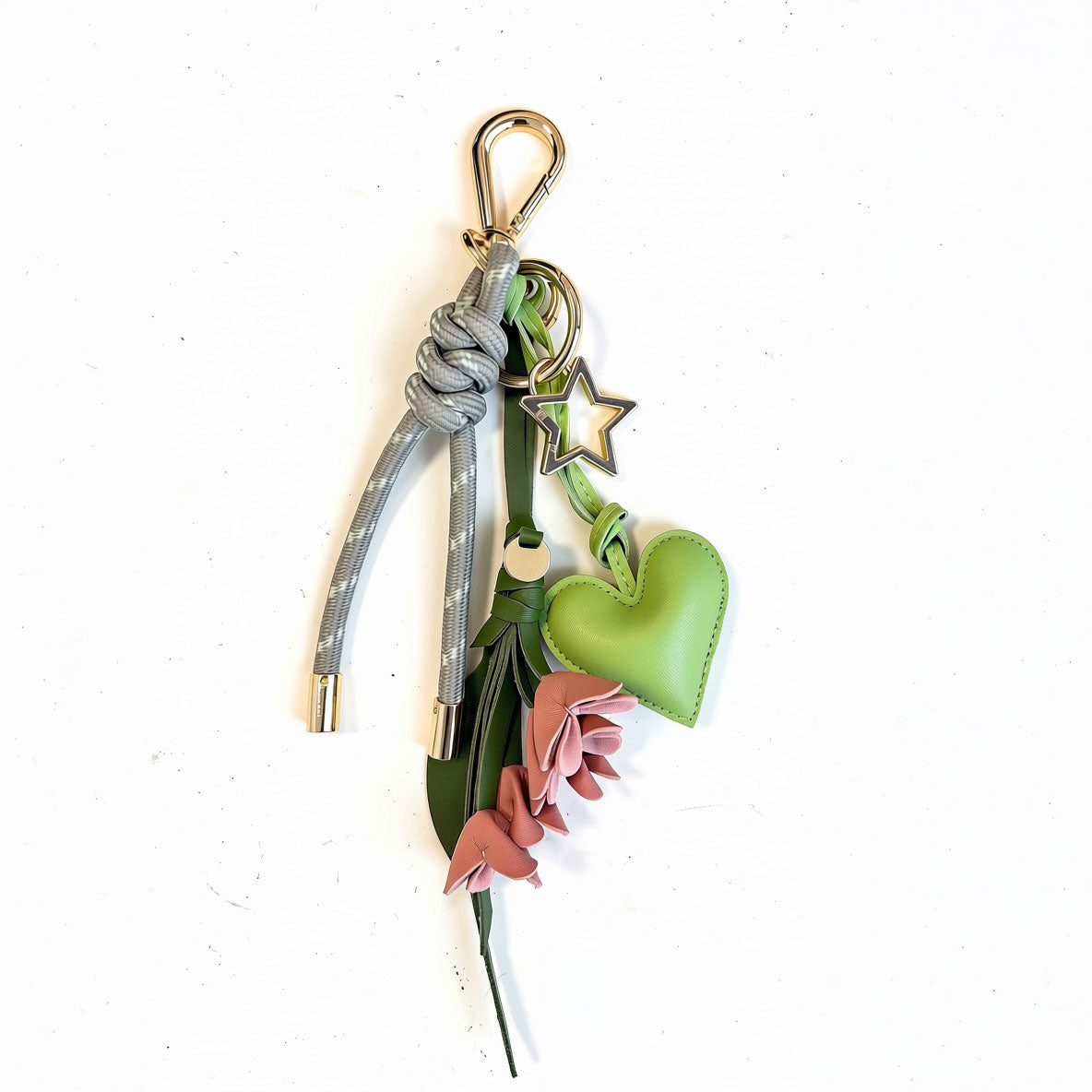 KEY CHAIN GREIGE WITH CHARMS - GREEN HEART AND PINK TULIP