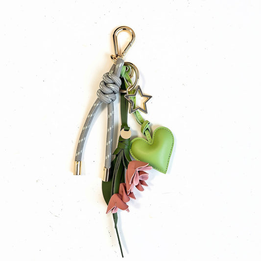 KEY CHAIN GREIGE WITH CHARMS - GREEN HEART AND PINK TULIP