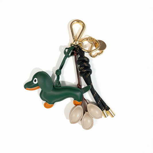 KEY CHAIN OLIVE WITH CHARMS - GREEN DOG AND BEIGE COFFEE BEANS