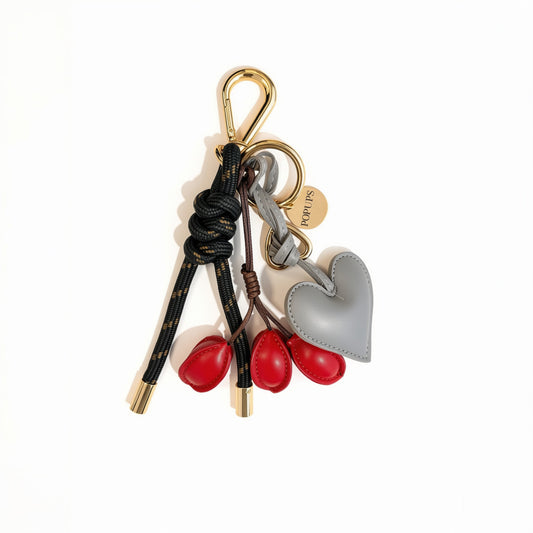 KEY CHAIN OLIVE WITH CHARMS - GRAY HEART AND RED COFFEE BEANS
