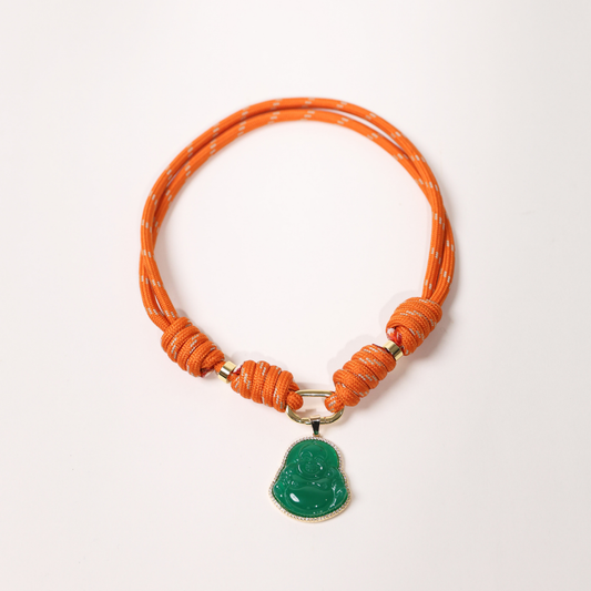 POP UPS X HANNAH B BOAT ROPE BURNT ORANGE NECKLACE WITH GREEN BUDDHA