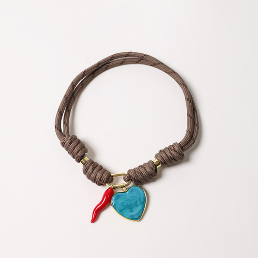 POP UPS X HANNAH B BOAT ROPE MOCHA NECKLACE WITH BLUE HEART & RED CHILI