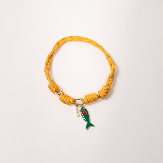 POP UPS X HANNAH B BOAT ROPE MUSTARD NECKLACE WITH GREEN ENAMEL FISH  & LOVE