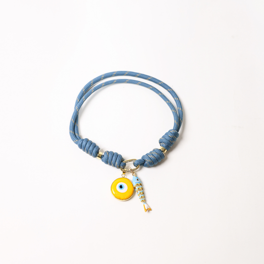 POP UPS X HANNAH B BOAT ROPE STORMY BLUE NECKLACE WITH YELLOW SARDINE & YELLOW EVIL EYE