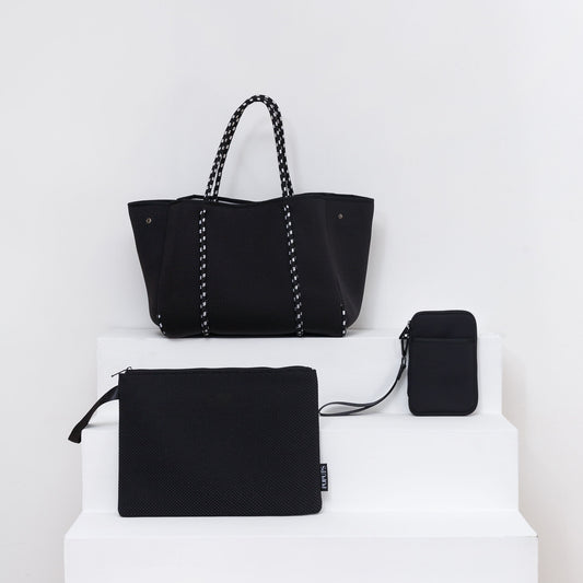 BLACK TRAVEL SET: EVERYDAY TOTE + LAPTOP SLEEVE + PASSPORT WALLET